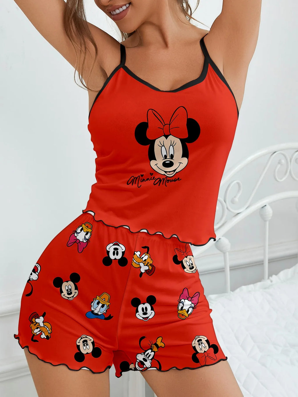 Women's 2-piece Disney Mickey Minnie Family Cute Cartoon Printed Pattern Strap Top and Shorts Pajamas Home Clothes