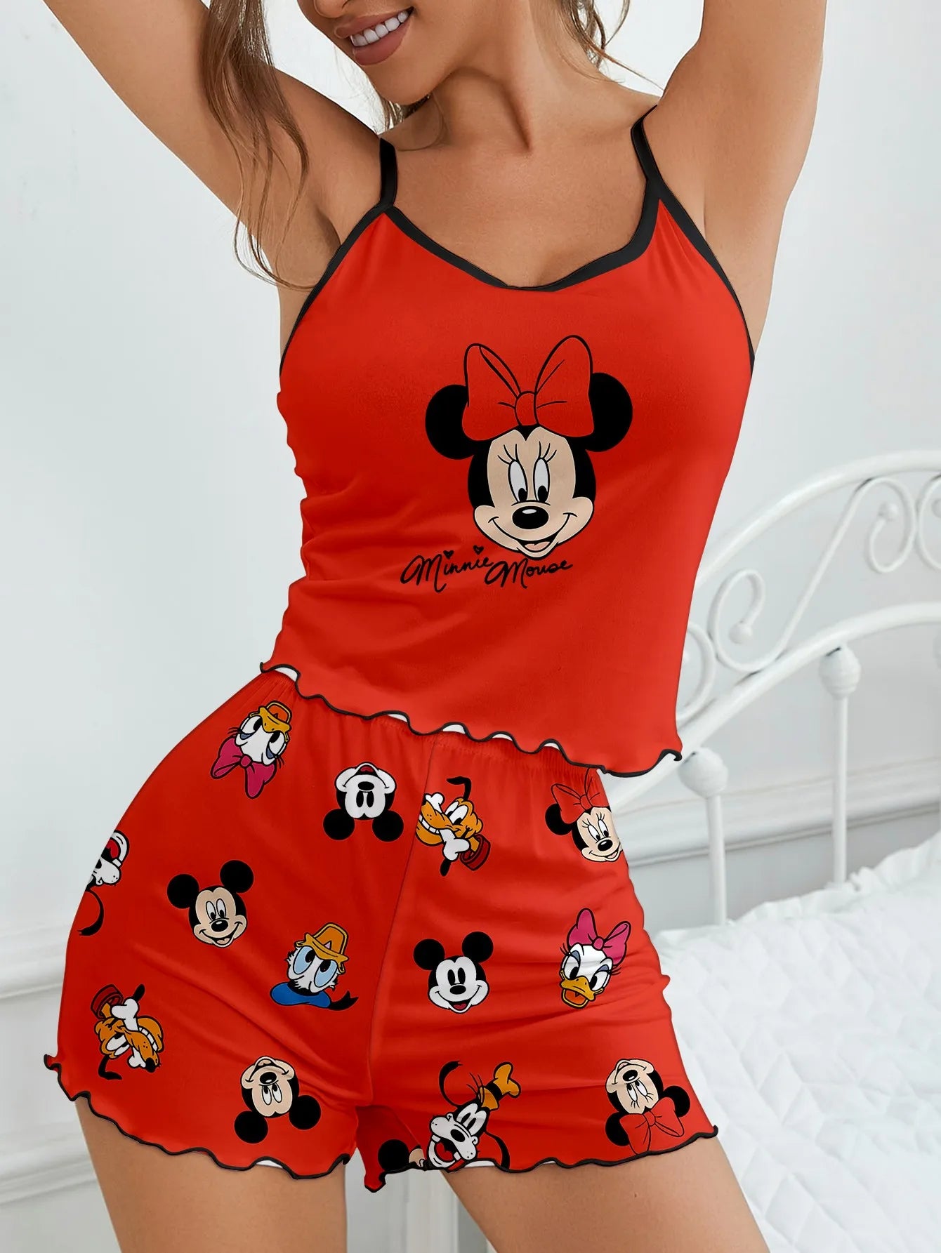 Women's 2-piece Disney Mickey Minnie Family Cute Cartoon Printed Pattern Strap Top and Shorts Pajamas Home Clothes