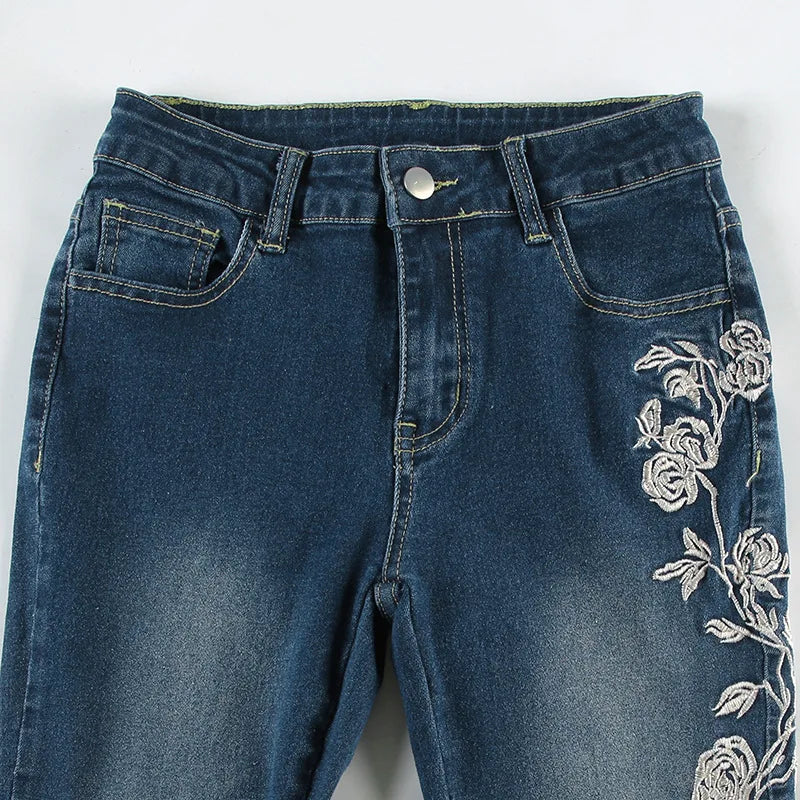 Retro Y2k Jeans Baggy Floral Embroidery Jeans Women Vintage 2000s Low Rise Flared Denim Pants High Street Basic Trousers