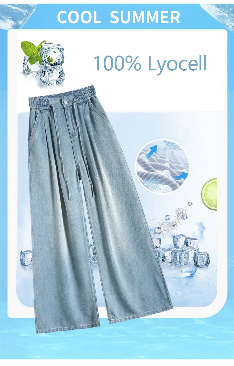 Summer Luxury Soft Cozy 100%Lyocell Fabric Woman Jeans Loose Wide Leg Elastic Waist Pants Fashion Casual Trousers Plus Length