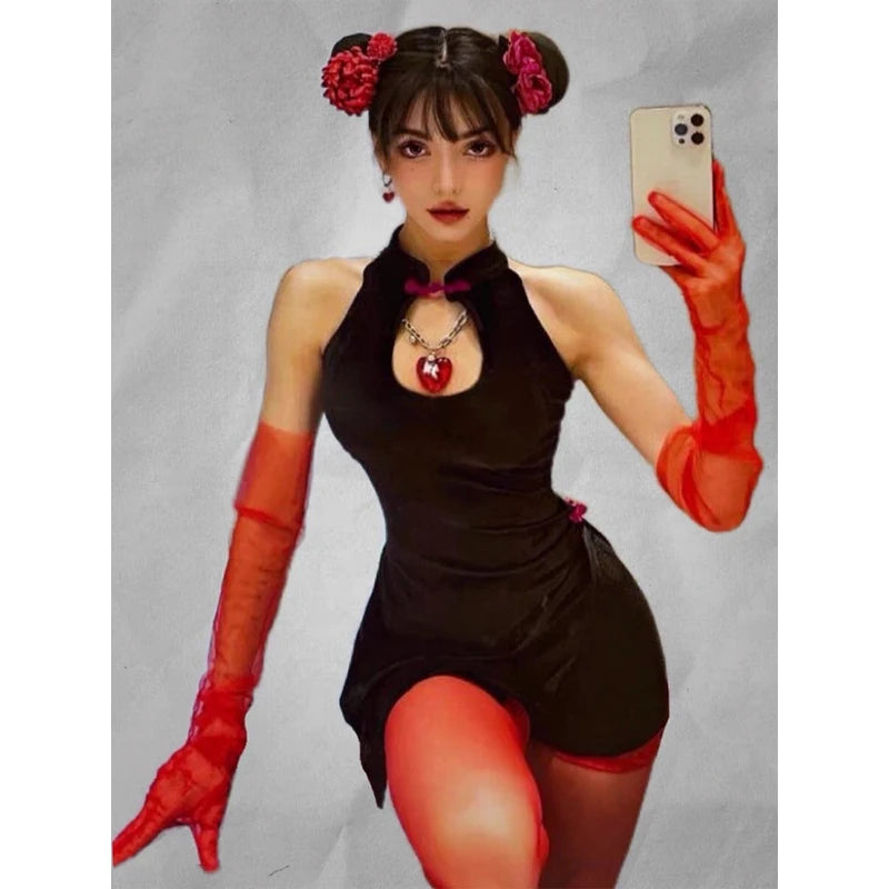 New Year Bar DS Performance Costume Sexy Gogo Leader Outfit Retro Red Black Splittytying Flag Robe Women's Stage Costume