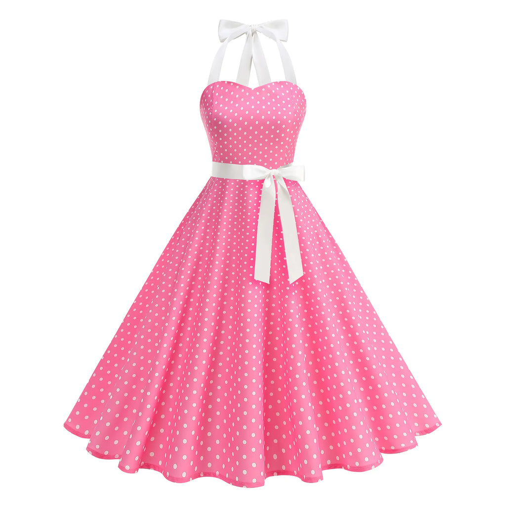 Elegant Women Pink Polka Dot Dress Summer Robe Hepburn 1950s 60s Vintage Sexy Halter Rockabilly Retro Party Dresses 2026 Vestido