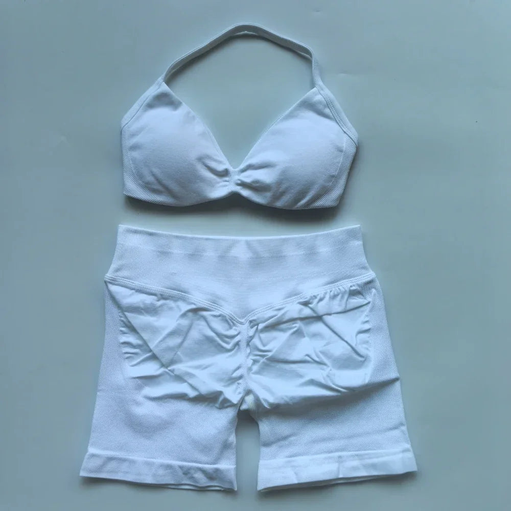 NO LOGO 2PCS Gym Set Women Strappy Yoga Bra Top High Waist Workout Scrunch Shorts Sports Suit Seamless Yoga Set Fitness Clothes