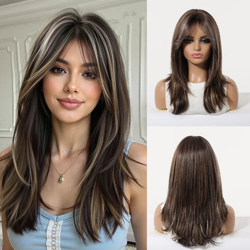 ALAN EATON Long Brown Highlight Synthetic Wigs Layered Straight Hair Wig Realistic Fake Hair for Daily Wear High Temperature Wig