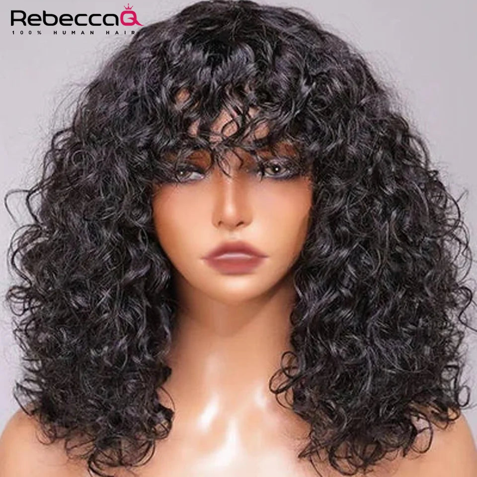 Short Curly Bob Wig With Bangs 100% Human Hair Wigs For Women Brazilian Remy 4C Hair Jerry Curl Glueless Daily Use Natural Color