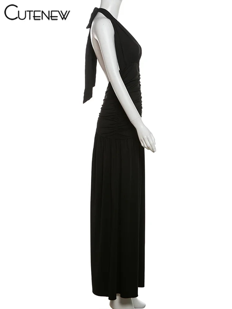 Nibber Elegant Women Long Dresses Solid Hipster Halter V-neck Backless Shirring Side Split Vestidos Female High Street New Robe
