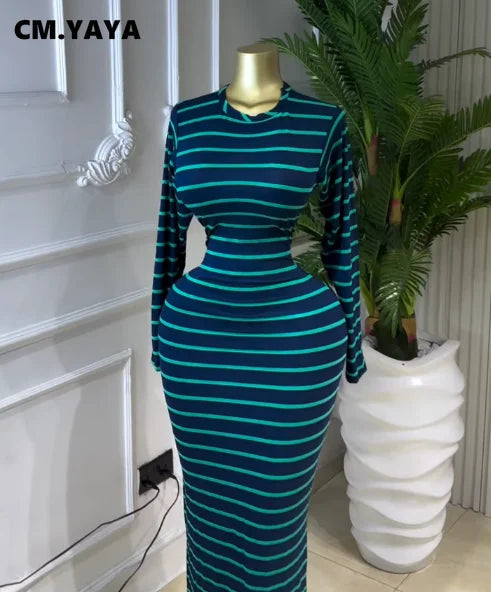 CM.YAYA Women Long Sleeve Striped Print O-neck Long Maxi Dress 2026 Summer Vacation Casual Evening Sexy Party Dresses Vestidos