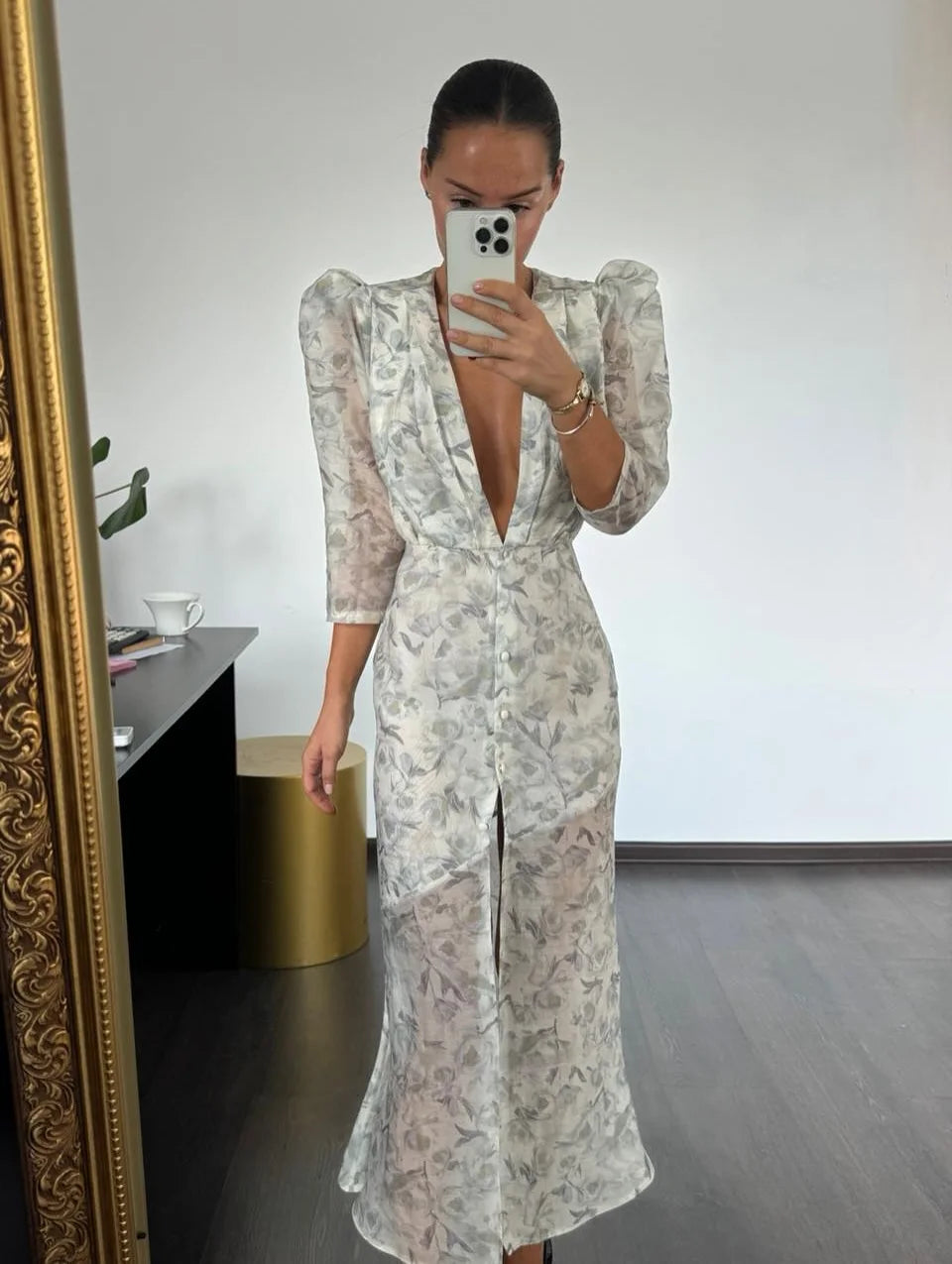Fashion Organza Floral Printed Maxi Dress V-Neck Puff Sleeve 2026 Spring/Summer Romantic Women Party Gown Elegant Lady Vestido