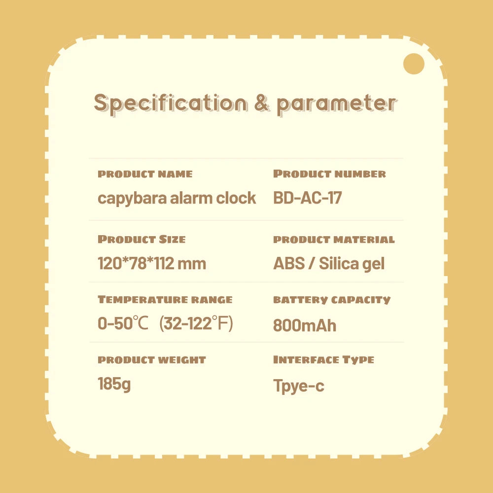 Bedside LED Clock Kids Alarm Clock Children's Sleep Trainier Temperature Display With Rechargeable Control Digital Cute Capybara