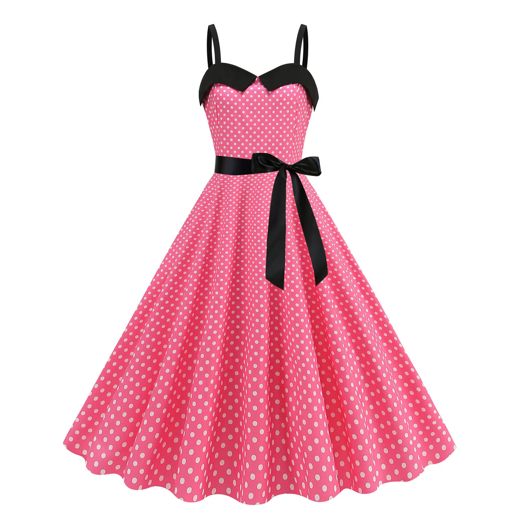 Elegant Women Pink Polka Dot Dress Summer Robe Hepburn 1950s 60s Vintage Sexy Halter Rockabilly Retro Party Dresses 2026 Vestido