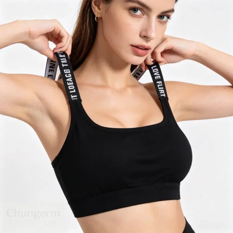 Sports Underwear Women Yoga Fitness Seamless Crop Top Wide Letter Straps Comfortable Workout Activewear Back Without Underwire