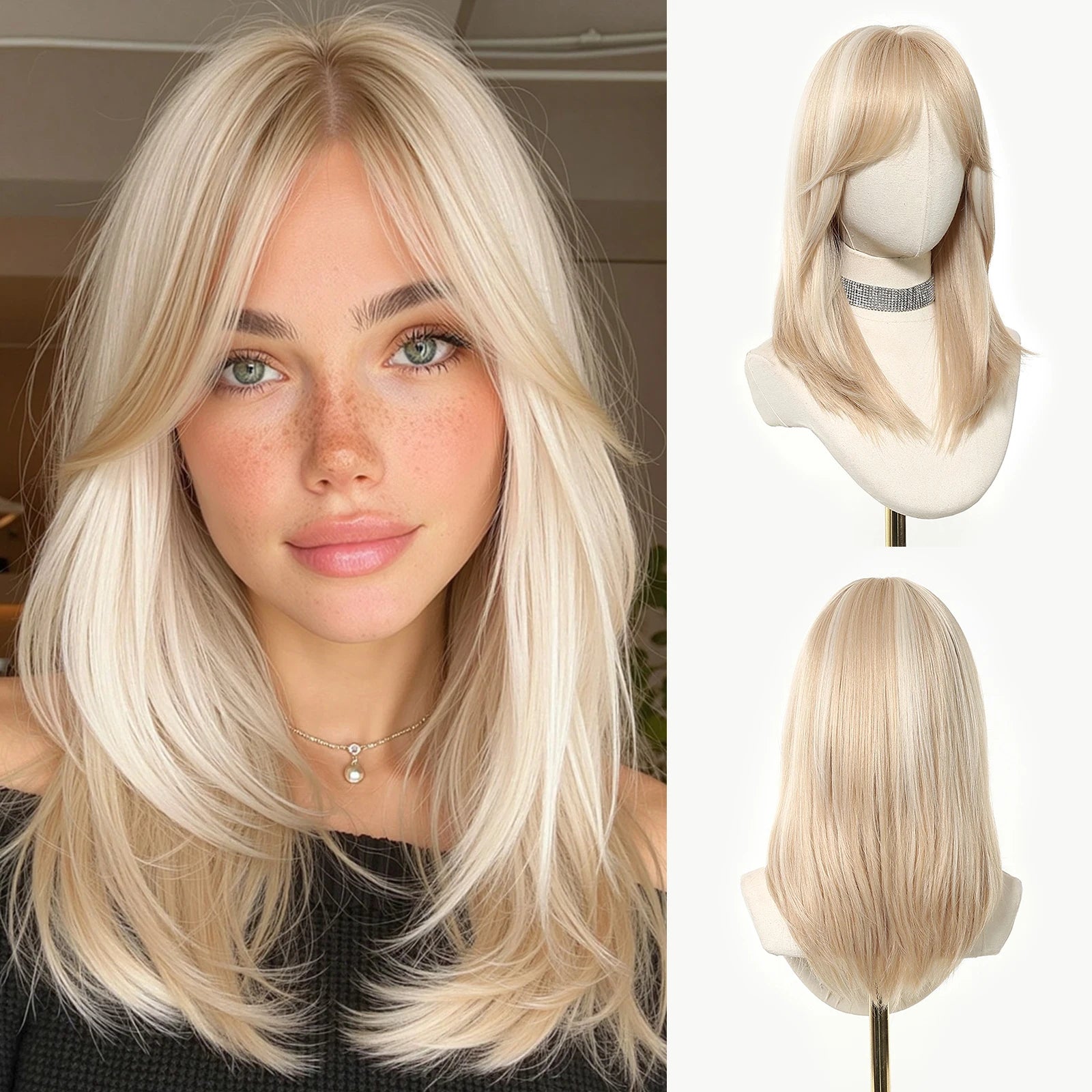 ALAN EATON Long Brown Highlight Synthetic Wigs Layered Straight Hair Wig Realistic Fake Hair for Daily Wear High Temperature Wig