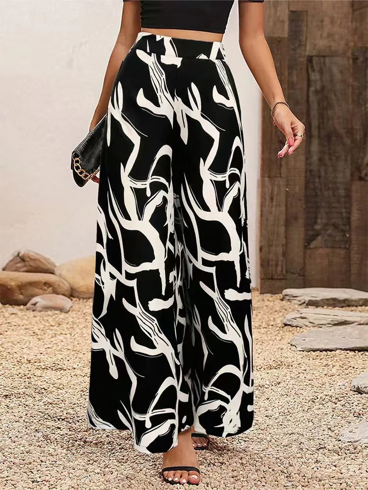 Women's Leaf Print Wide-Legged Casual Pants Loose Fit Fashionable Trousers