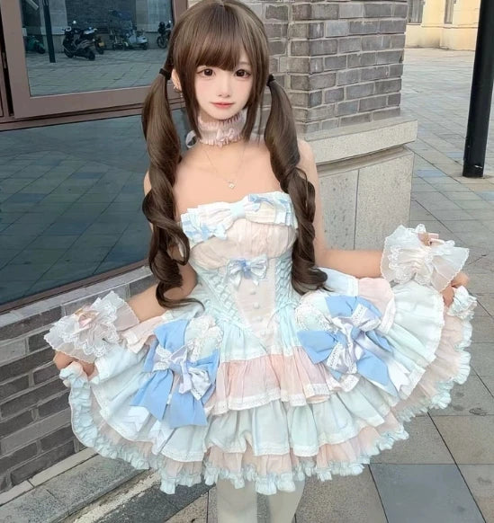New Girls Birthday Lolita Dress 2026 Spring and Summer Women's Tube Top Satin Bowknot Slim Pettiskirt Short Mini Party Dress