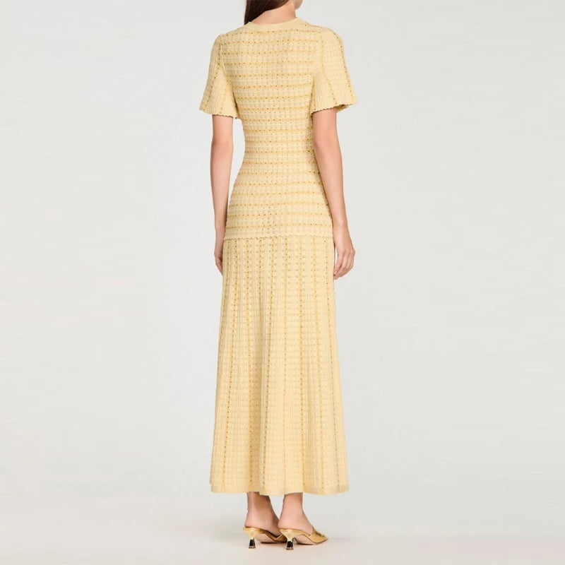 Cinched Waist Sequin Maxi Dress for Women Round Neck Short Sleeve Knitted Dresses 2026 NEW Hollow Out Single Breasted Midi Robes