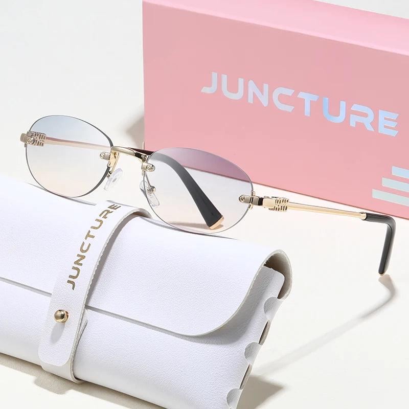 JUNCTURE Popular Fashion Oval Sun Glasses for Female Male Travel UV400 Shades Women Men Rimless Sunglasses Lentes De Sol Mujer