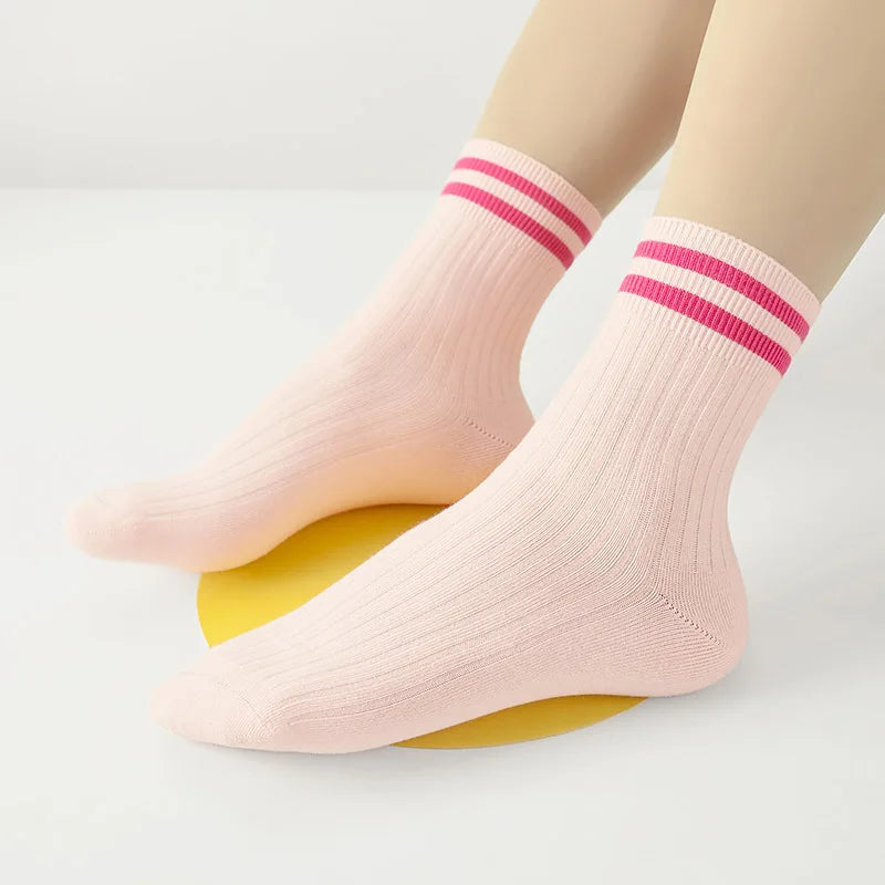 Kids Boys Girls Cotton Socks - Seamless Double Needle Ribbed 2-Stripe, Teens Students All Season School Home Sports Socks