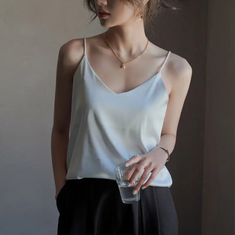 Women Halter V Neck Basic White Cami Spaghetti Strap Top Sleeveless Satin Silk 2026 Tank Tops Women'S Summer Camisole