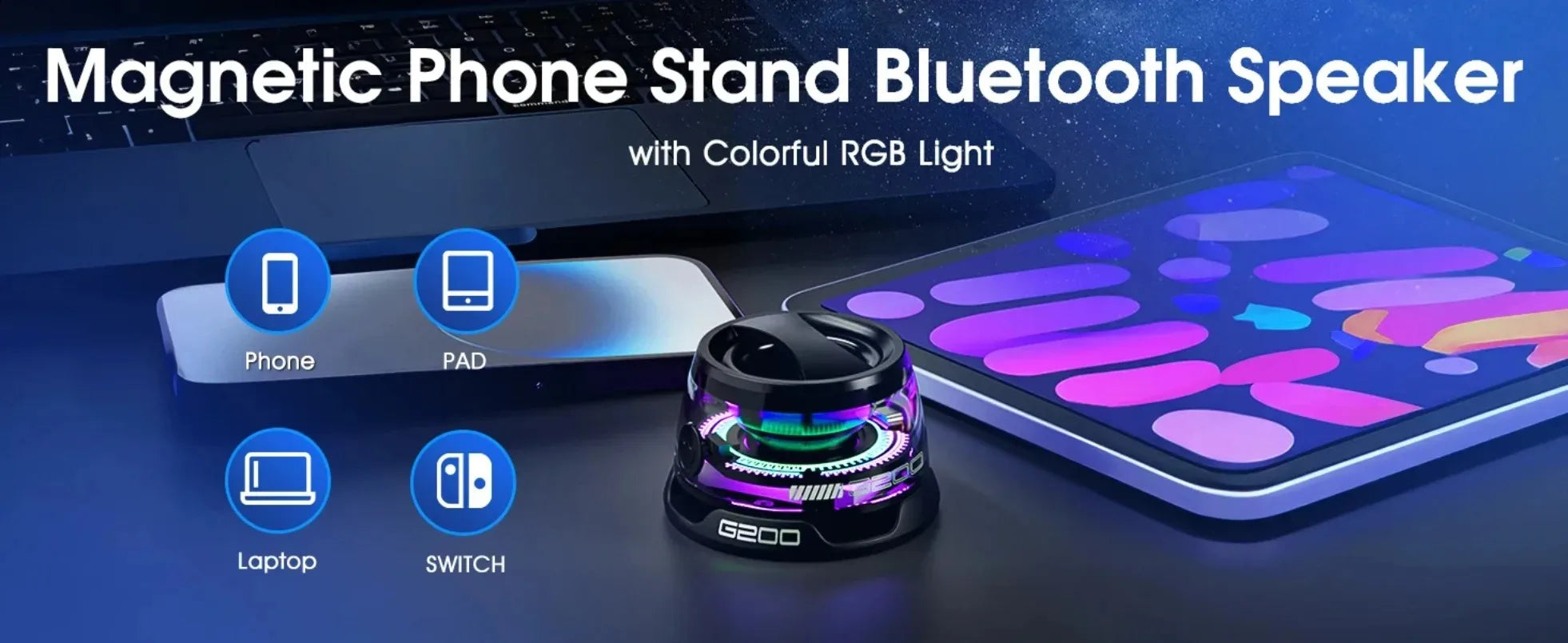 Mini Travel Stereo Speaker Outdoor Magnetic Bluetooth Speaker Wireless Portable with RGB Color Light and Phone Holder for IOS