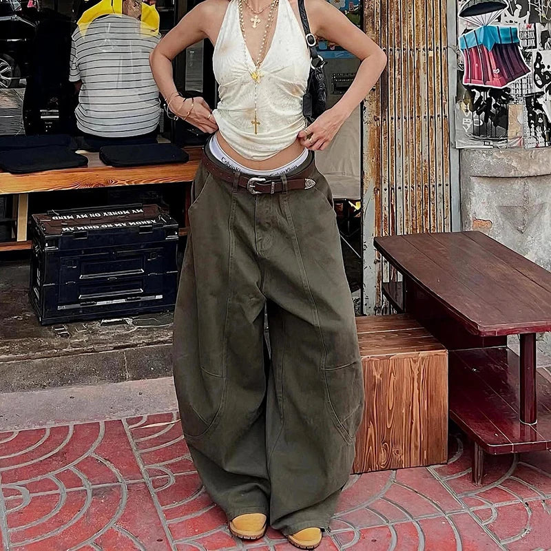 Women GreenY2k Baggy Jeans Harajuku 90s Vintage Bent Knife Denim Trousers Japanese 2000s Style Jeans Pants Oversize Clothes