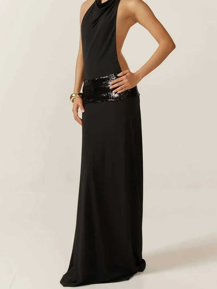 Sisterlinda Backless Fashion Dresses Elegant Halter Patchwork Draped Maxi Bodycon Female Solid Simple Evening Party Frock New