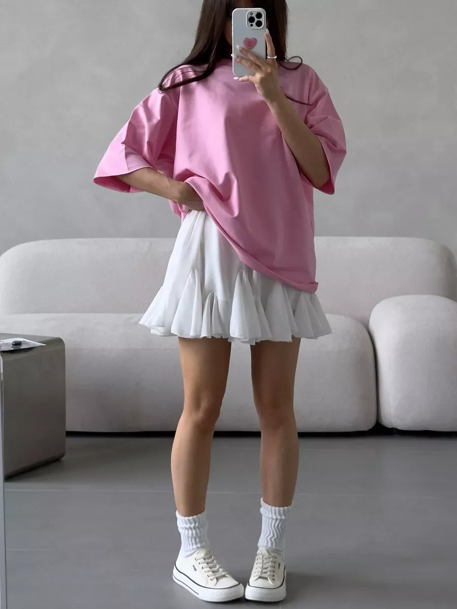 Hirsionsan Summer Casual Oversized T-shirts Women 100% Cotton Pink Loose Tees 2025 New Cusual Solid O Neck Female Aesthetic Tops