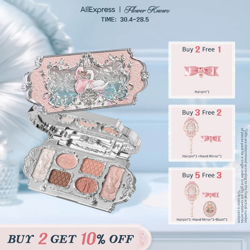 Flower Knows Swan Ballet Series Six-Color Makeup Palette Delicate Matte Glow Shimmer