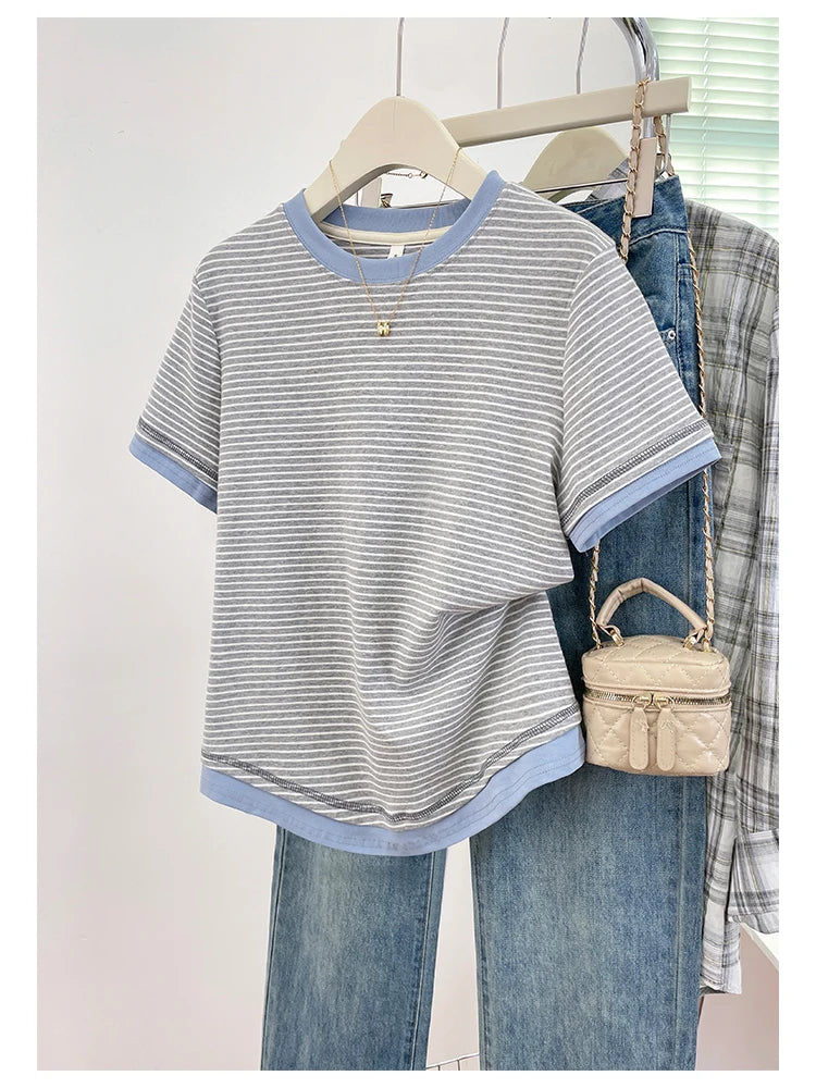 2026 New Women's Loose Fit Casual Stripe Short Sleeve T-Shirt Comfortable Breathable Cotton Polyester Blend Summer Top