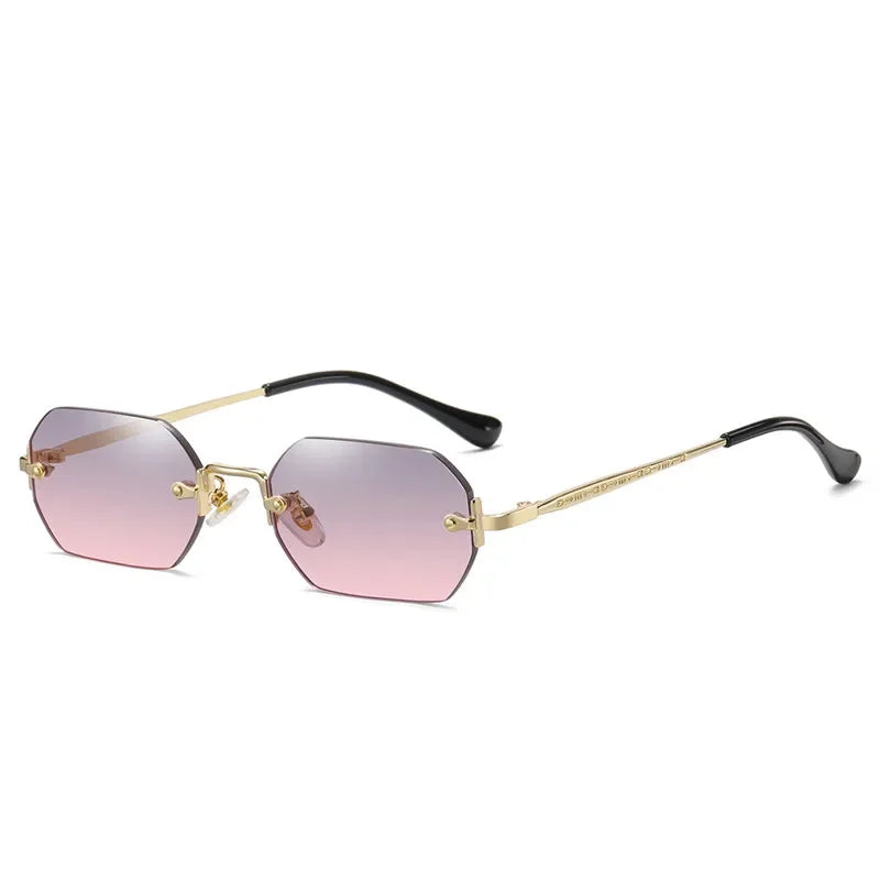 Rimless Rectangle Sunglasses Small Men Glasses Women Metal Gold Polygon Blue Shades 2024 UV400 Frameless