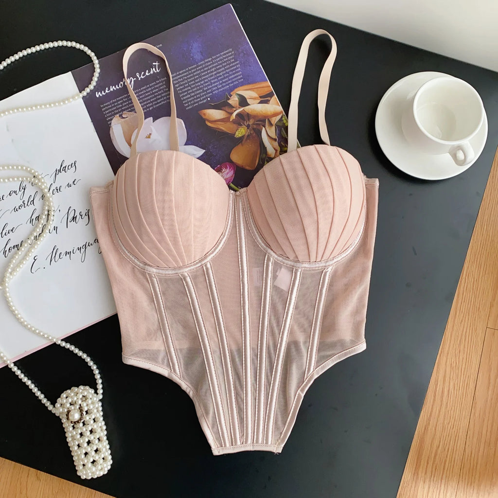 SINGREINY Fashion Solid Corset Lingerie Top Ladies Strap Sheer Mesh Slim Camisole American Retro Backless Beach Sexy Tank Top