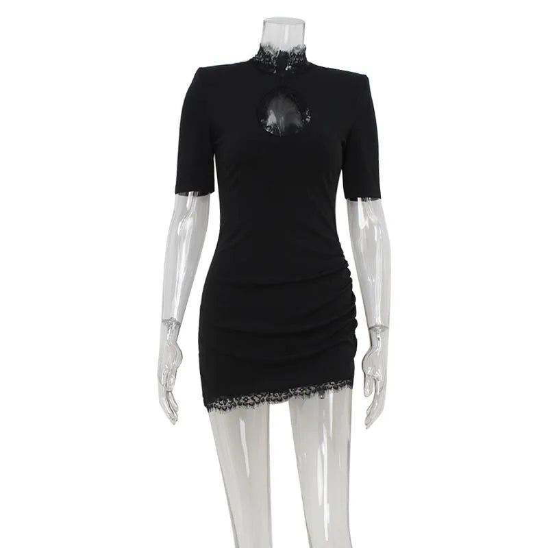 Lace Patchwork Hollow Out Bodycon Sheath High Collar Women Dresses Half Sleeves Outfits Sexy Club Fashion Female Mini Vestidos