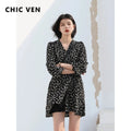 CHIC VEN New Women Dresses Long Sleeved Retro V-neck Black Floral Female Dress Elastic Waisted Lace Up Spring Summer 2026