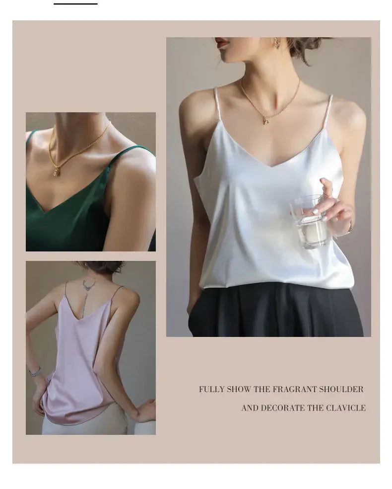 Women Halter V Neck Basic White Cami Spaghetti Strap Top Sleeveless Satin Silk 2026 Tank Tops Women'S Summer Camisole