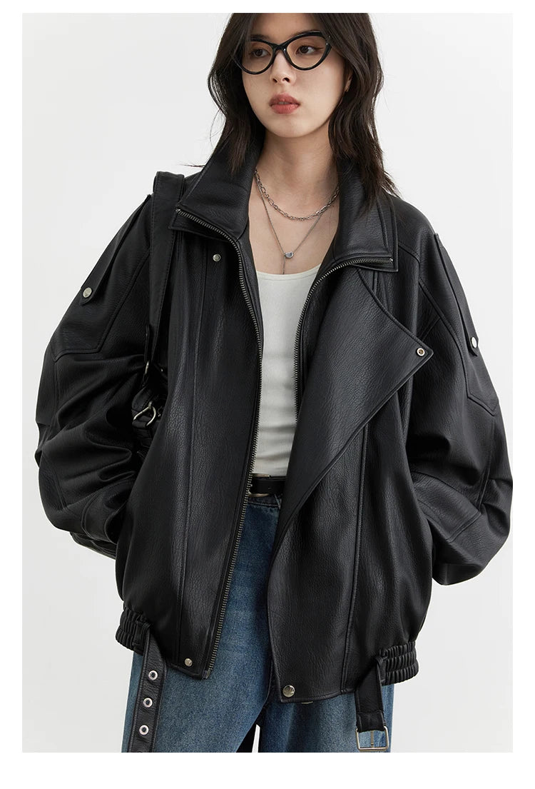CHIC VEN Woman PU Jacket Solid Loose New Retro Standing Collar Motorcycle Faux Leather Coat Female Top Spring Autumn 2026