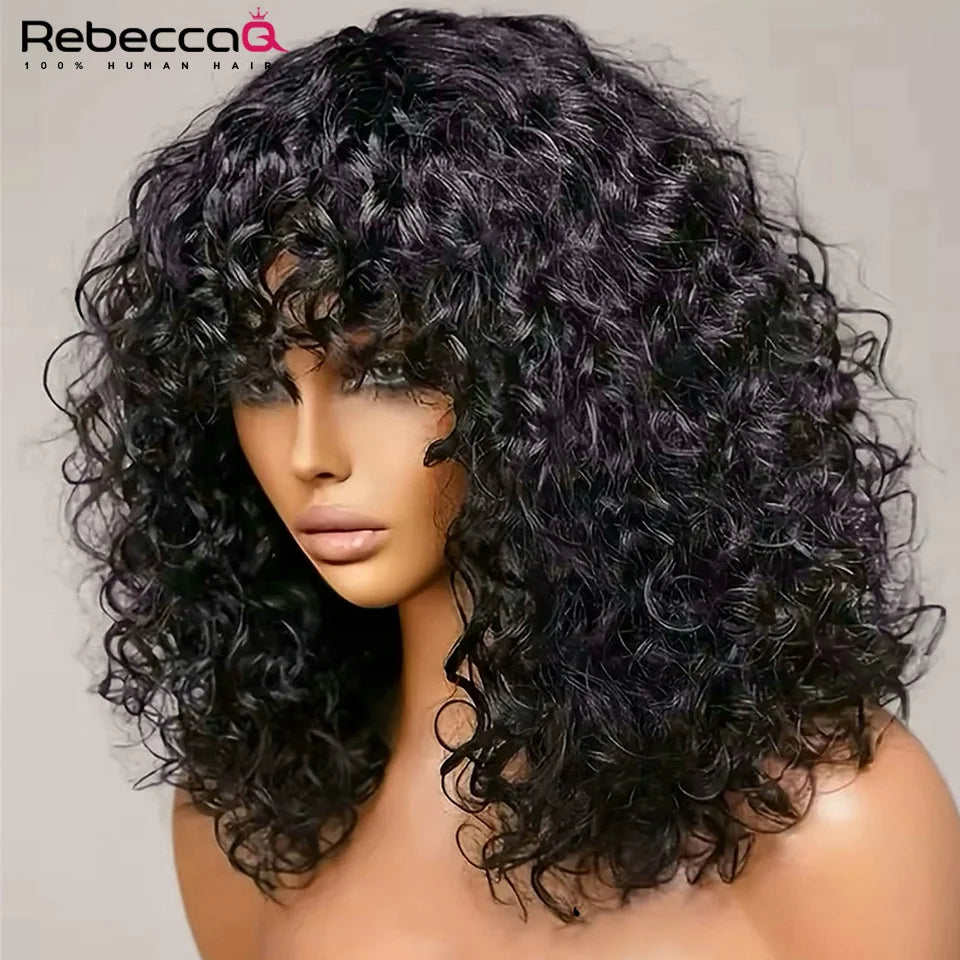 Short Curly Bob Wig With Bangs 100% Human Hair Wigs For Women Brazilian Remy 4C Hair Jerry Curl Glueless Daily Use Natural Color