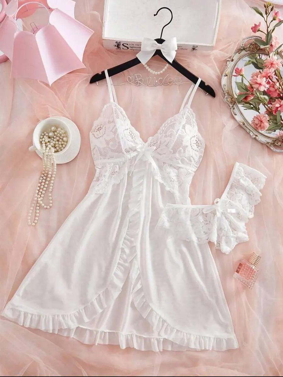 A Set Pink Cute Women Sweet Nightdress And Panty Pijamas Suit Sleeveless Halter Nightgown Short Sets V-Neck Bra Thong Luxury Kit