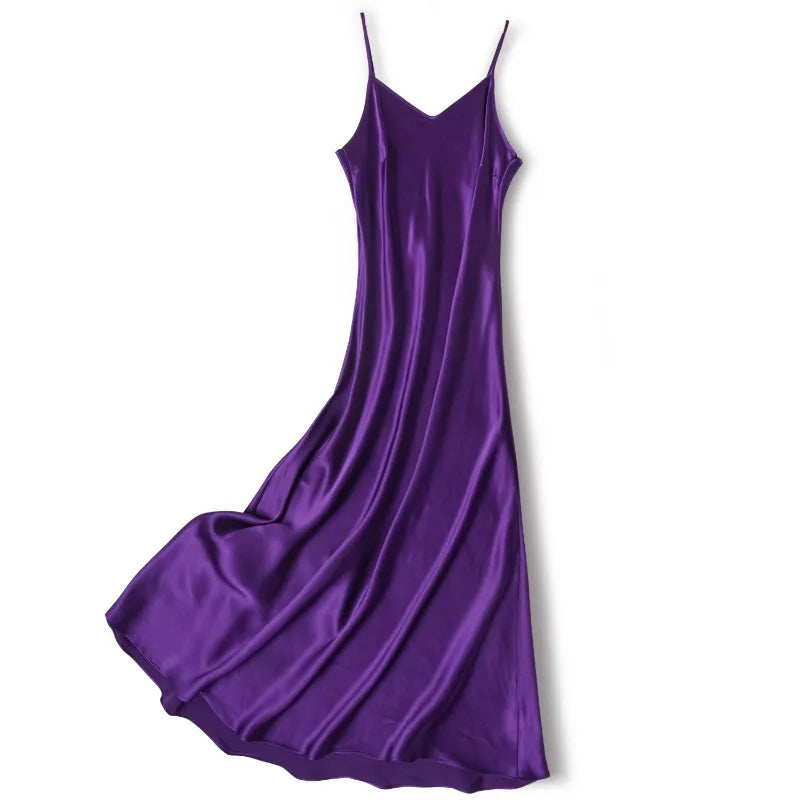 Small Heavyweight 21MM 100% Natural Mulberry Silk Plain Satin French V-neck Diagonal Cut Women's Sexy Solid Suspender Dress