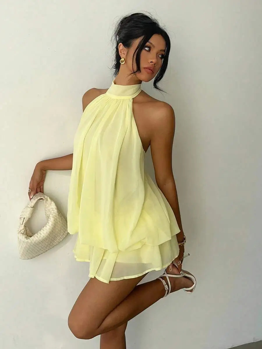Women's Elegant Butter Yellow Chiffon Halter Tie Mini Dress Fashionable Summer Dress for Women