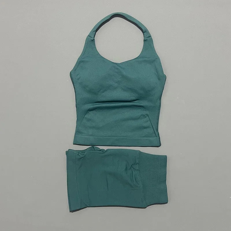 2 Peice Histello Sports Set Women Seamless Halter Top Longline Strappy Padded Scrunch Shorts Set Yoga Suit Gym Workout Sets