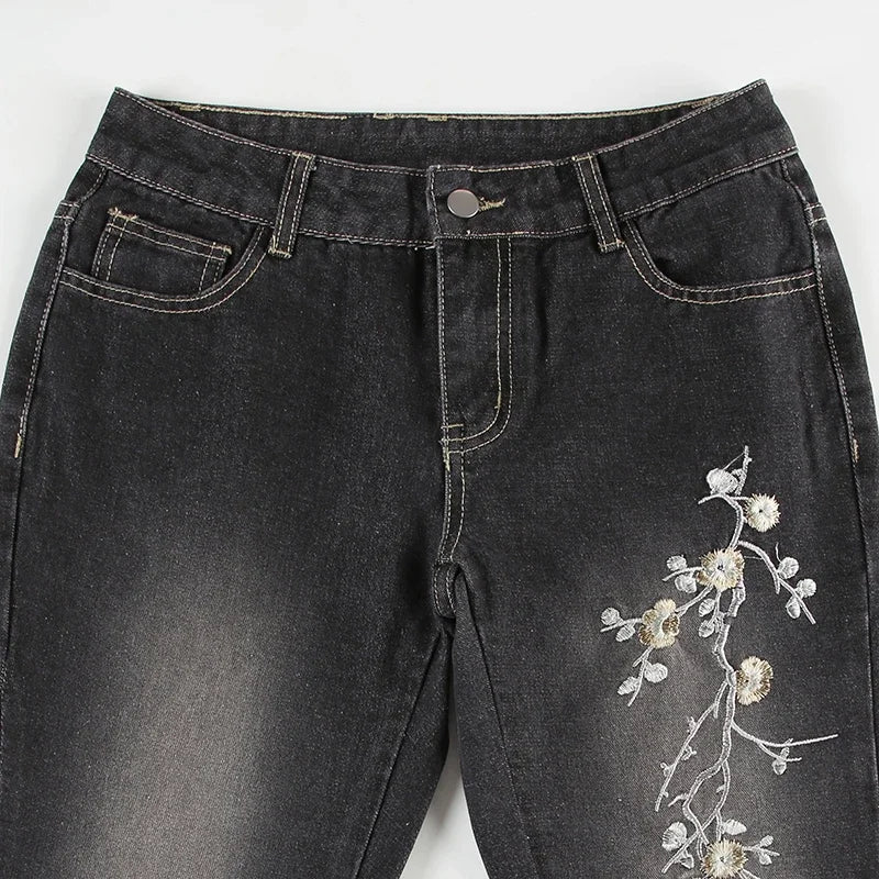 Weekeep Floral Embroidery Jeans Vintage 2000s Low Rise Flared Jeans Women Retro y2k Baggy Denim Pants High Street Basic Trousers
