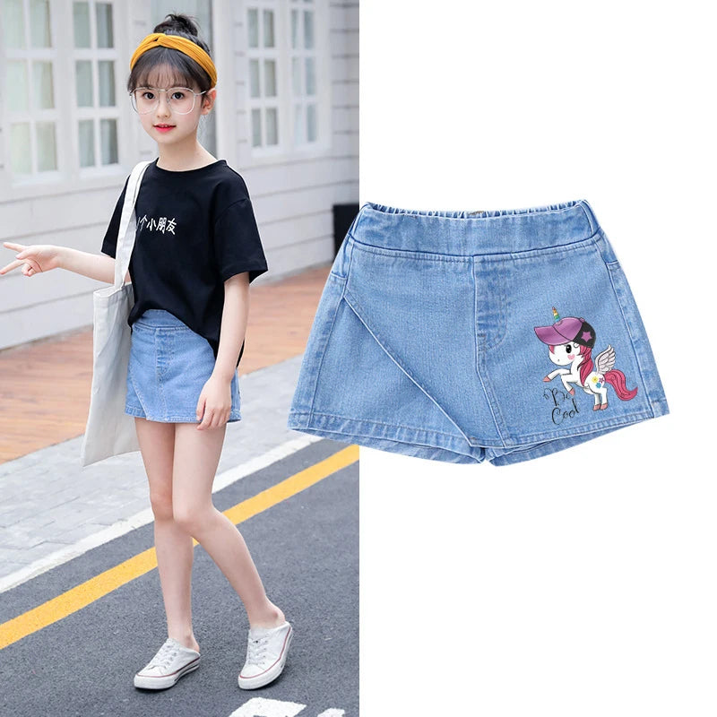 Kids Clothes Elastic Waist Fake Skirt Denim Shorts Jeans for Girls 3-12 Years -Minnie Kuromi Strawberry Bear Printed‌ Fake Skirt