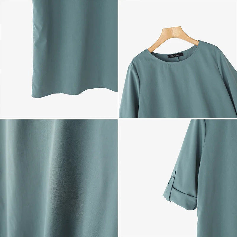 ZANZEA Elegant Women Party Dress 2026 Summer Fashion 3/4 Sleeve Casual Shirt Vestidos Pockets Loose Solid Knee-length Sundress