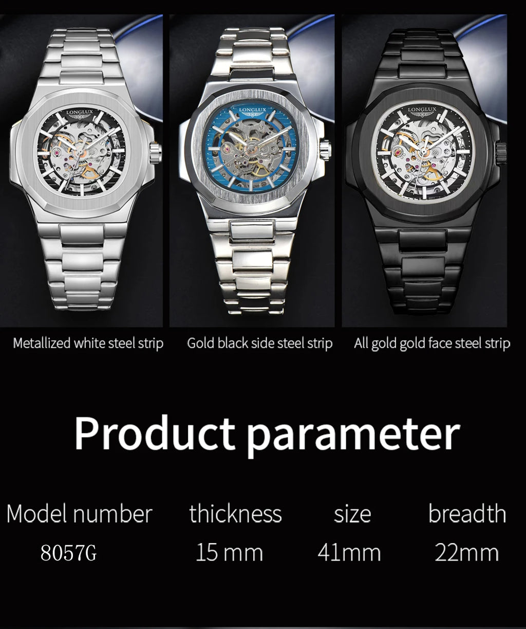 LONGLUX Men automatic mechanical watch luxury watches waterproof skeleton business cheap wholesale stainless steel gift watch