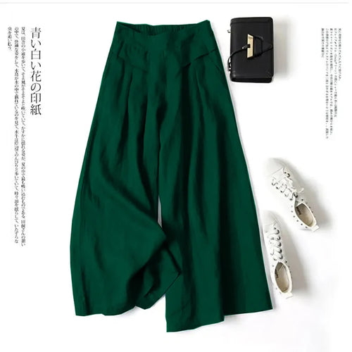 2026 Summer Women's Culottes Cotton Linen Cropped Wide Leg Pants Elastic Waist Casual Palazzo Trousers with Pockets