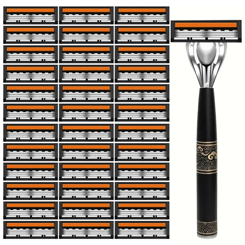 Men's 3-Blade Manual Razor with Non-Slip Handle and Multiple Replacement Blades - Ideal for Trimming Beards and Mustaches
