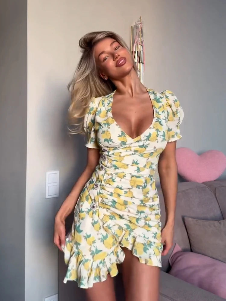 Elegant Floral Printed Mini Dress Women V-neck Short Sleeves Waist-cinching Ruffle Hem Dresses 2026 Lady Summer Vacation Gowns