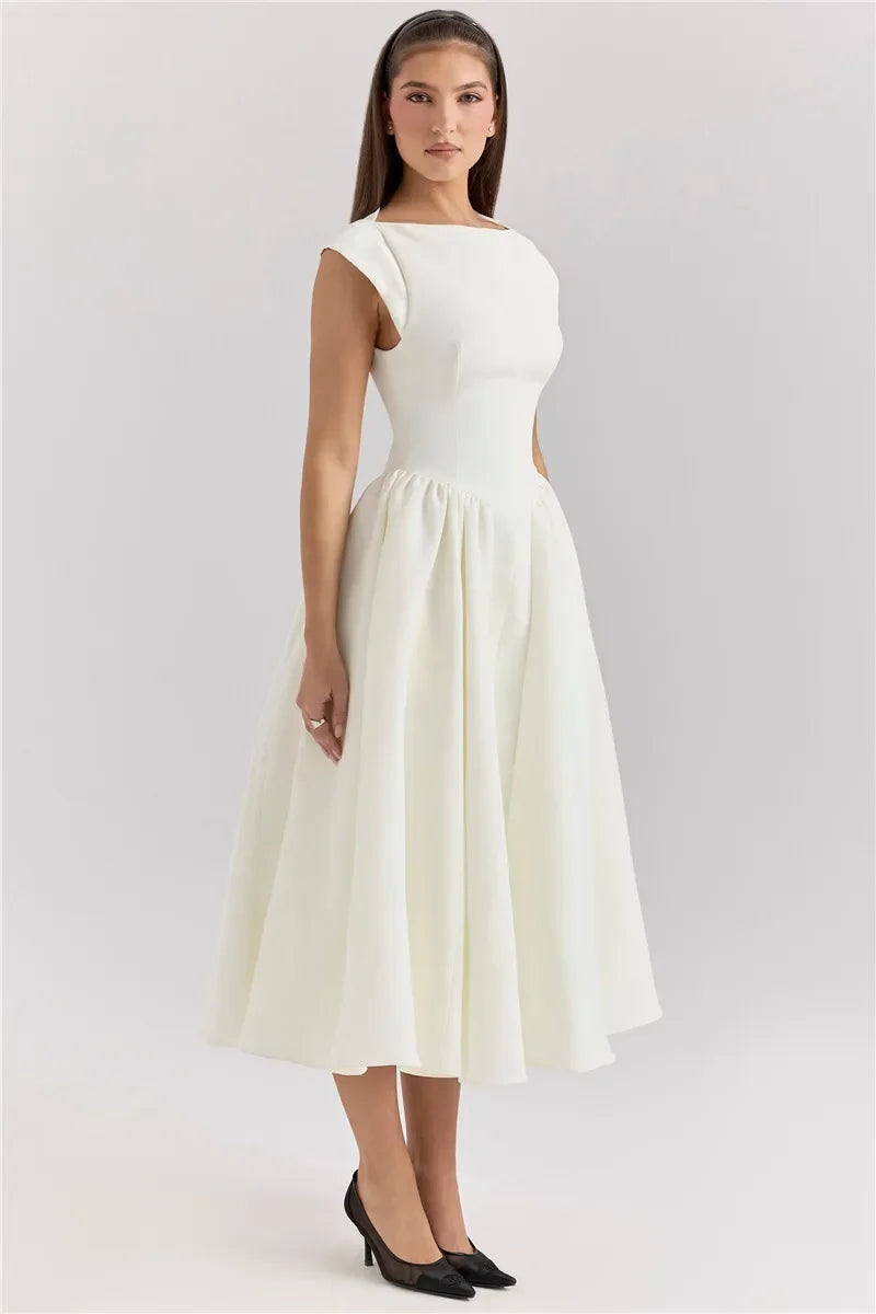 Suninheart Women Circle Cut Out Back Dress Wide Shoulders and Fitted Waist Prom Dress Fluffy Hem Midi Wedding Party Dresses