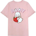 Summer Women Cute Lolita Pink T-Shirts Cartoon Strawberry Rabbit Print Tshirt Ruffles Short Sleeve Tops JK Girls Kawaii Tee Top