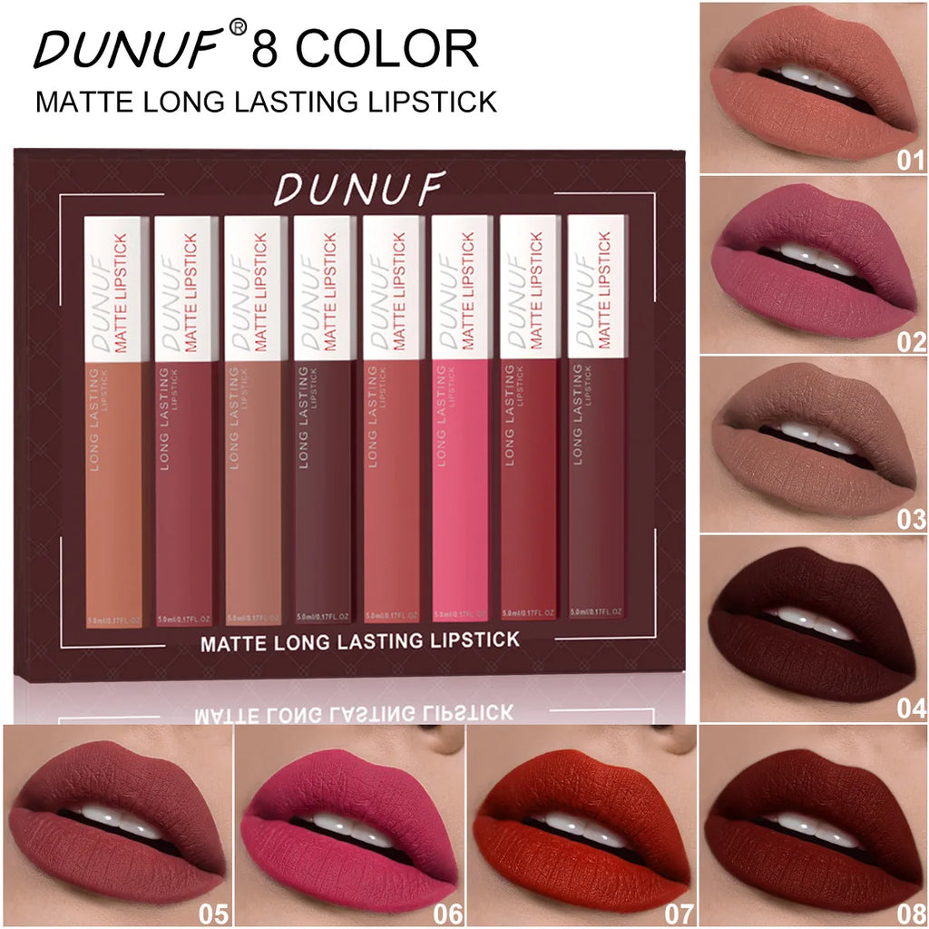 Matte Liquid Lipstick Set 8 Pieces Waterproof Non Transfer Lip Glaze Long Wearing Smudge Proof Lip Gloss
