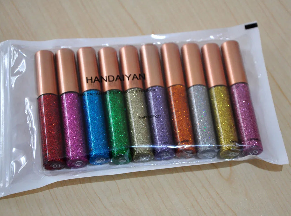 Long Lasting Glitter Eyeliner Kit 10 Vibrant Shades Metallic Sparkle Smudge Proof Easy Apply Eye Liner Makeup Set